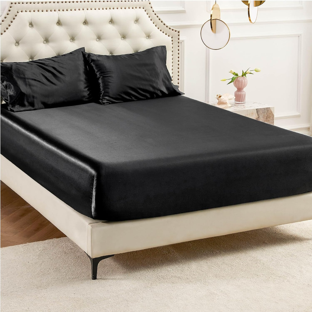 Black Silk Satin Queen Fitted Sheet - Ultra Soft Non-Slip Luxury Bed Sheet