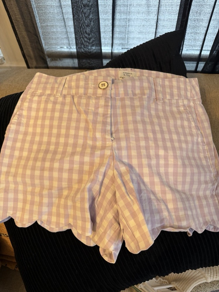 Crown & Ivy Shelby Gingham Scalloped Chino Shorts Purple White Cotton Size 6