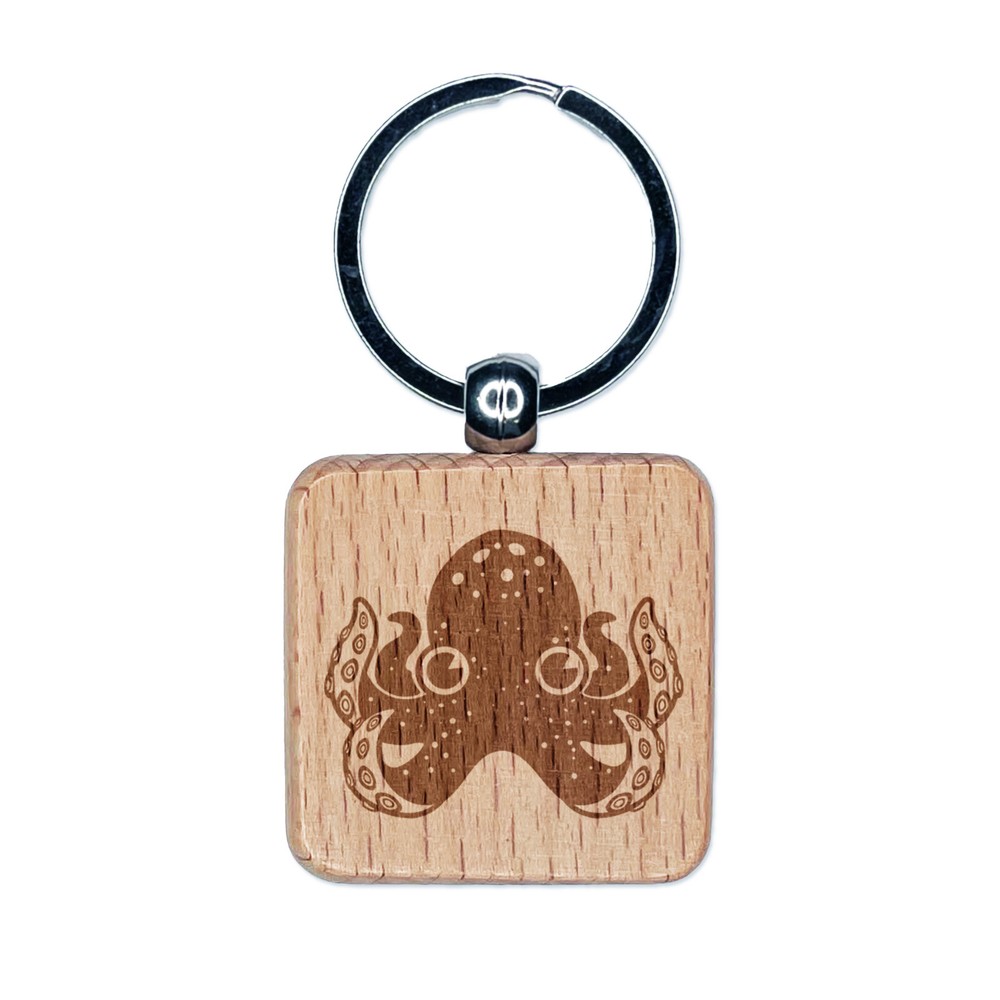 Adorable Octopus Engraved Wood Square Keychain Tag Charm