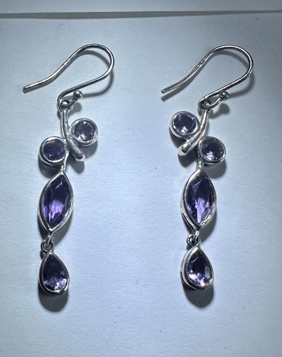 Vintage Sterling Silver 925 Purple 2” Drop Dangle Earrings 6 grams