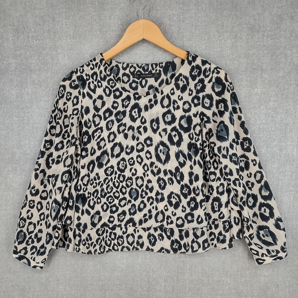 Zara Basic Blouse Womens Small Animal Print Leopard Long Sleeve Layered Hem Top