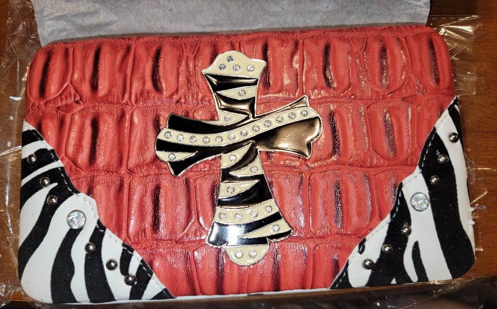 Western Ladies Cross Rhinestone Clasp Wallet Red/White/Black