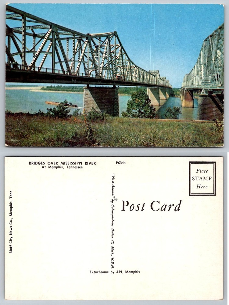 Memphis TN Bridges Over Mississippi River Plastichrome Postcard 1950s-60s