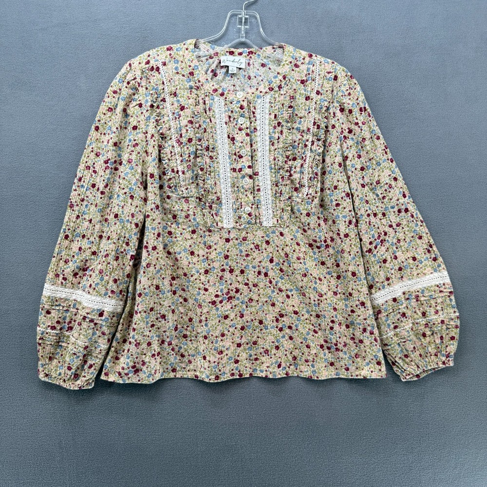 Anthropologie Wonderly Blouse Womens Small Multicolor Floral Lace Trim Boho Top