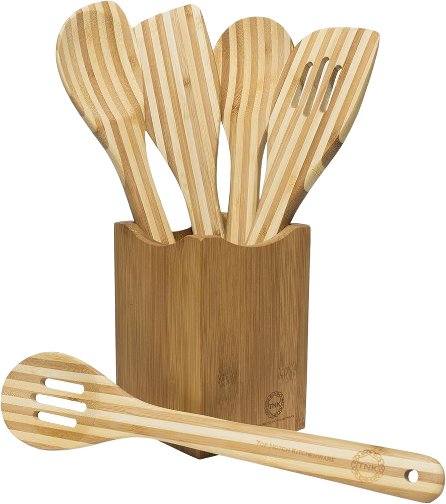 Bamboo Kitchen Utensils Set (5 Piece) with Bamboo Holder | Premium Serving Utens