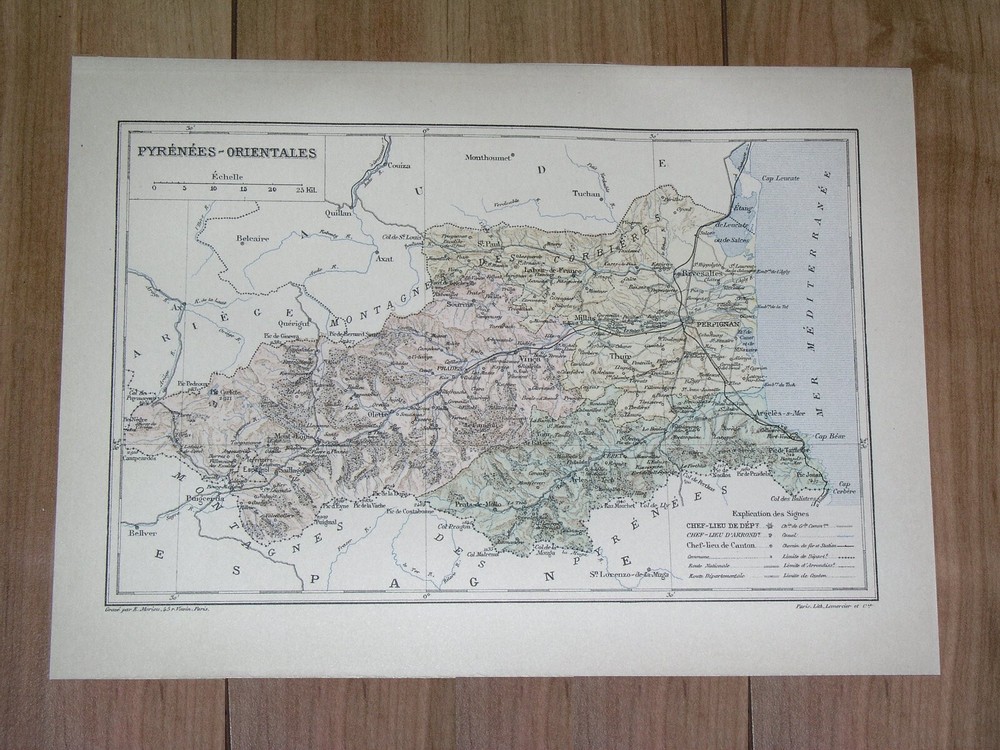 1887 Antique Map Of Department Of Pyrenees-Orientales Perpignan / France