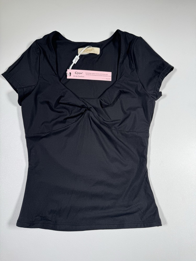 Qinsen Womens Sexy Twist Front V Neck T Shirts Double Lined Slim Fit Sz S