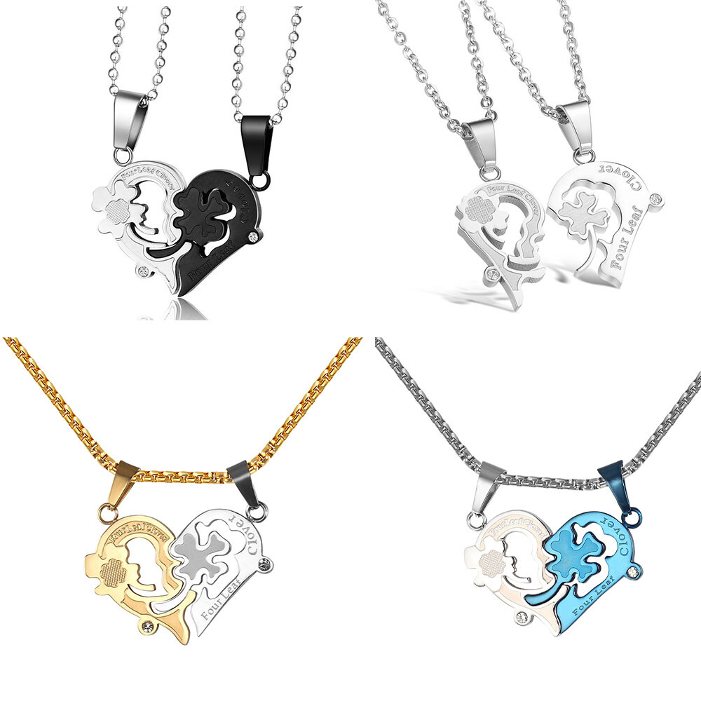 Man Women Steel Titanium Necklace Four-leaf Clover Pendant Heart-shaped Necklace