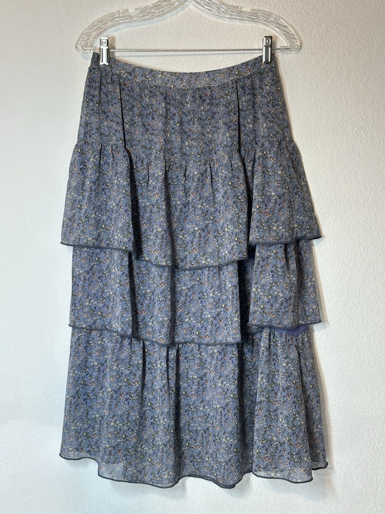New Kori Blue Ditzy Floral Tiered Midi Skirt Sz M Cottagecore Boho Modest 27x31