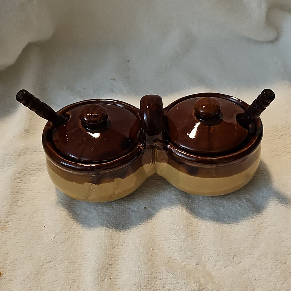 Brown & Tan Ceramic Double Lidded Condiment Server Set w/ 2 Spoons