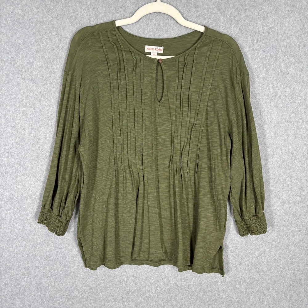 Knox Rose Top Medium Flowy Smocked Stretch Cotton Modal Pintuck Army Olive Boho