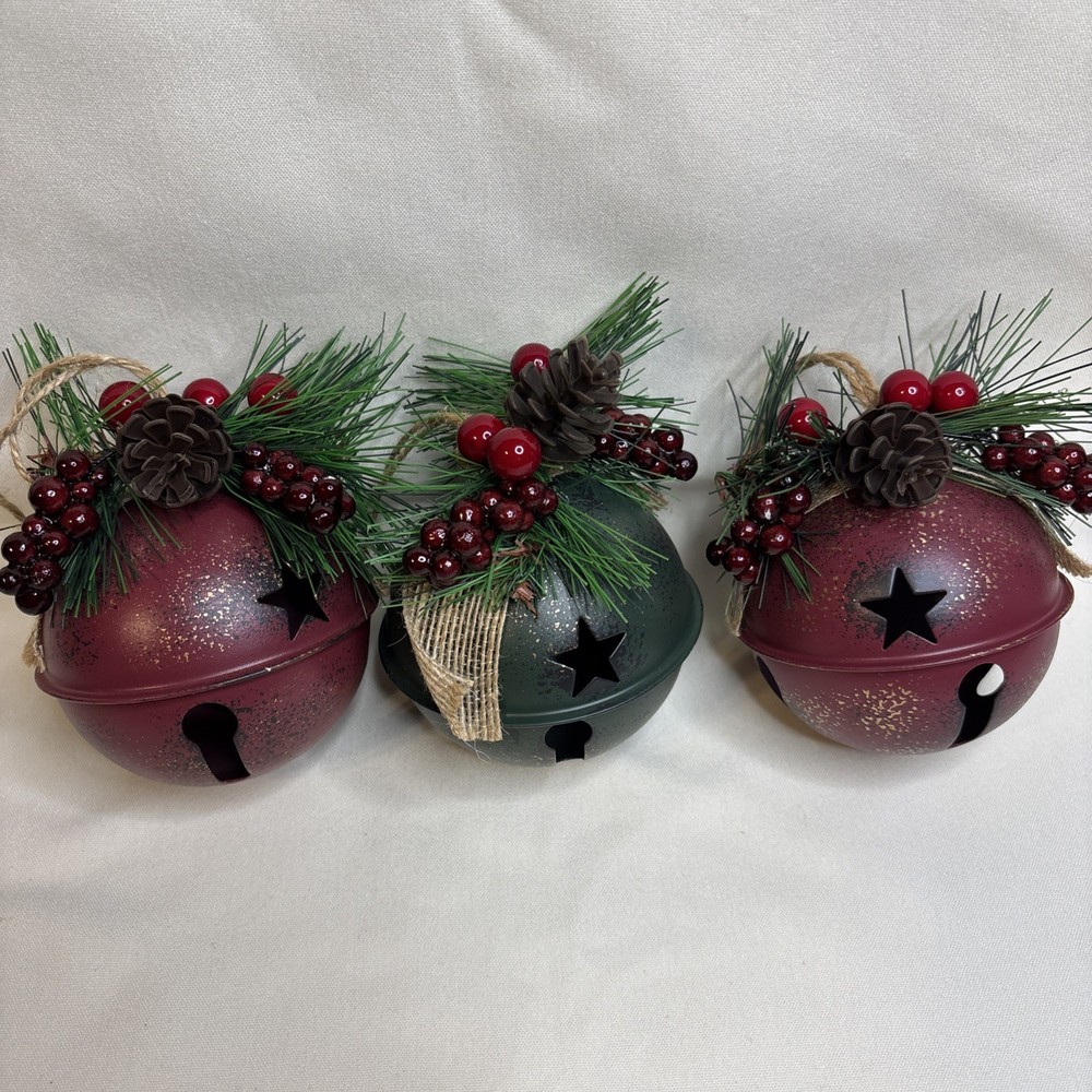 Set Of 3 Large Jingle Bell Rustic Red Green Farmhouse Style Hanging Ornaments