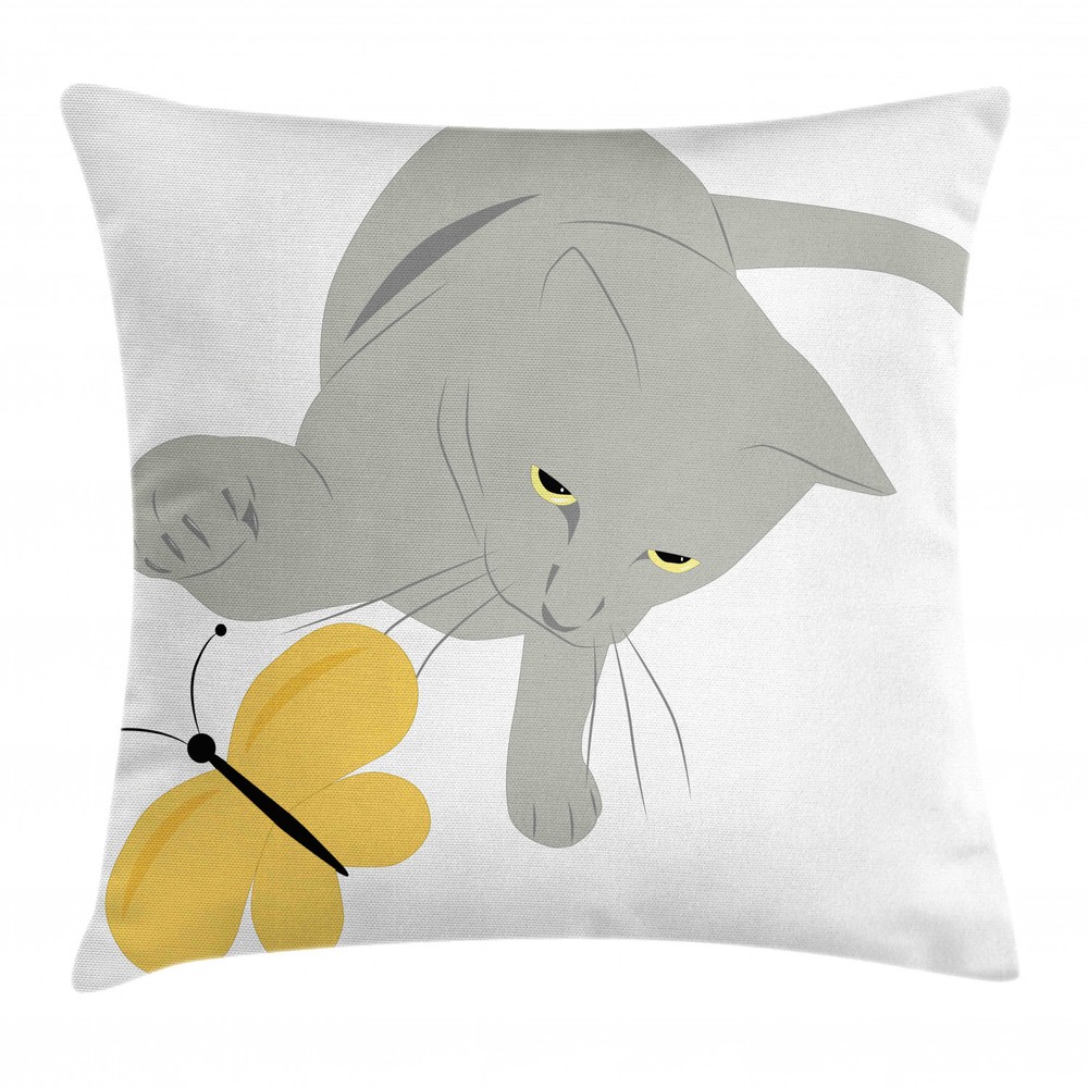 Grey Cat and Yellow Moth Animal Throw Pillow Cover 16 Inch Square Cushion Case