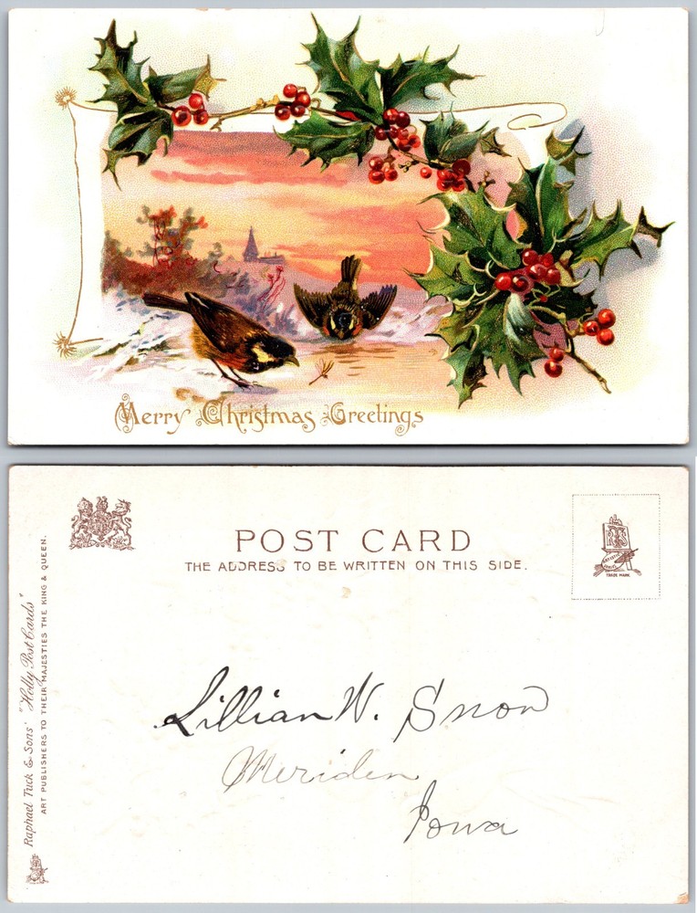 Merry Christmas Birds Holly Meriden IA Postcard