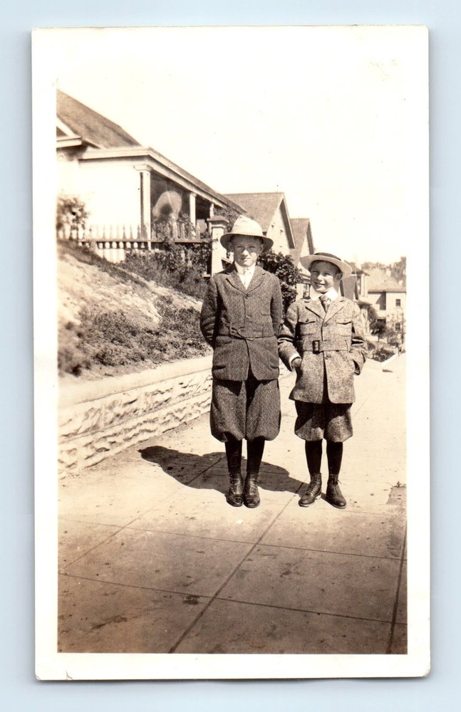 Old Vintage Photo PAIR TEEN BOYS ON SIDEWALK COAT HAT ORIGINAL SNAPSHOT PIC