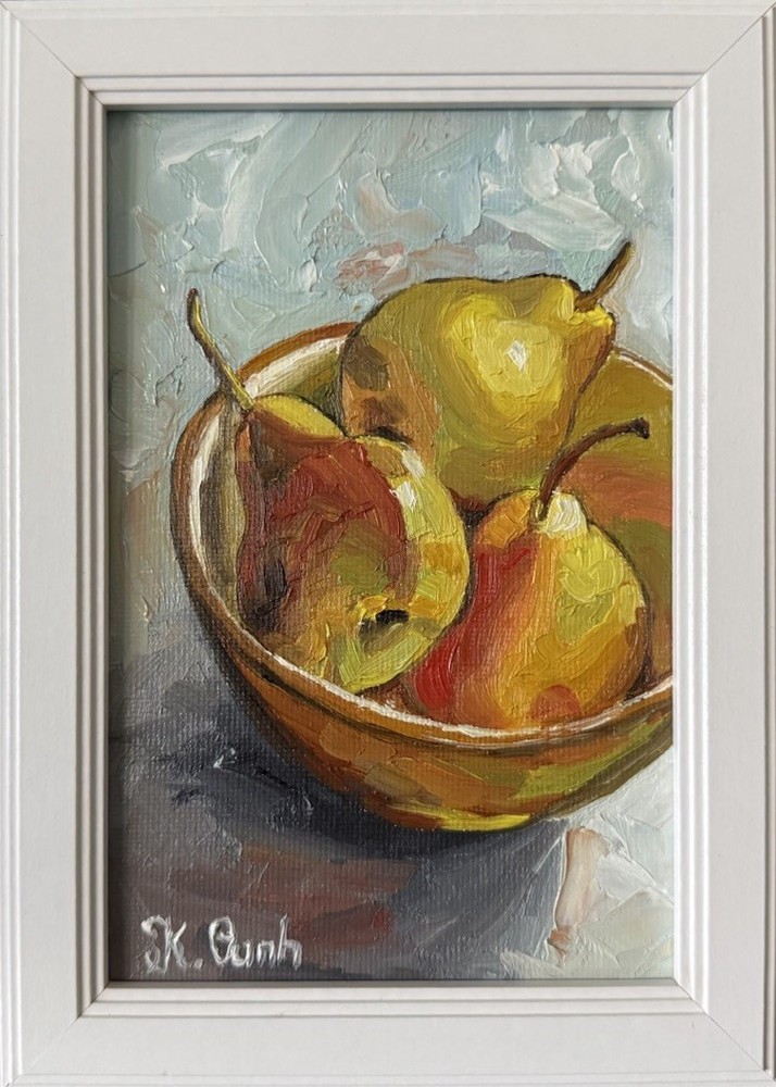 ORIGINAL OIL PAINTING STILL LIFE VIBRANT PEARS SIGNED FRAMED 4x6