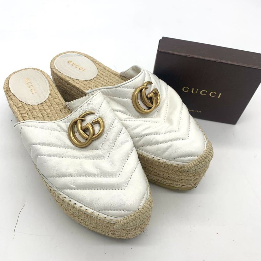 GUCCI GG Espadrille Sandals Women Size 37 US 7 White Beige Pre-Owned