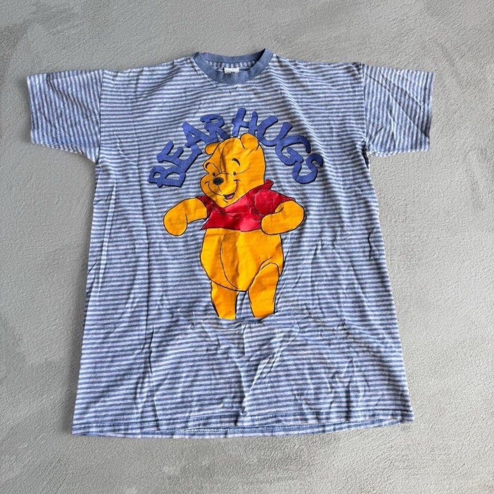 Vintage One Size Disney Winnie The Pooh Blue Striped AOP Single Stitch T-shirt