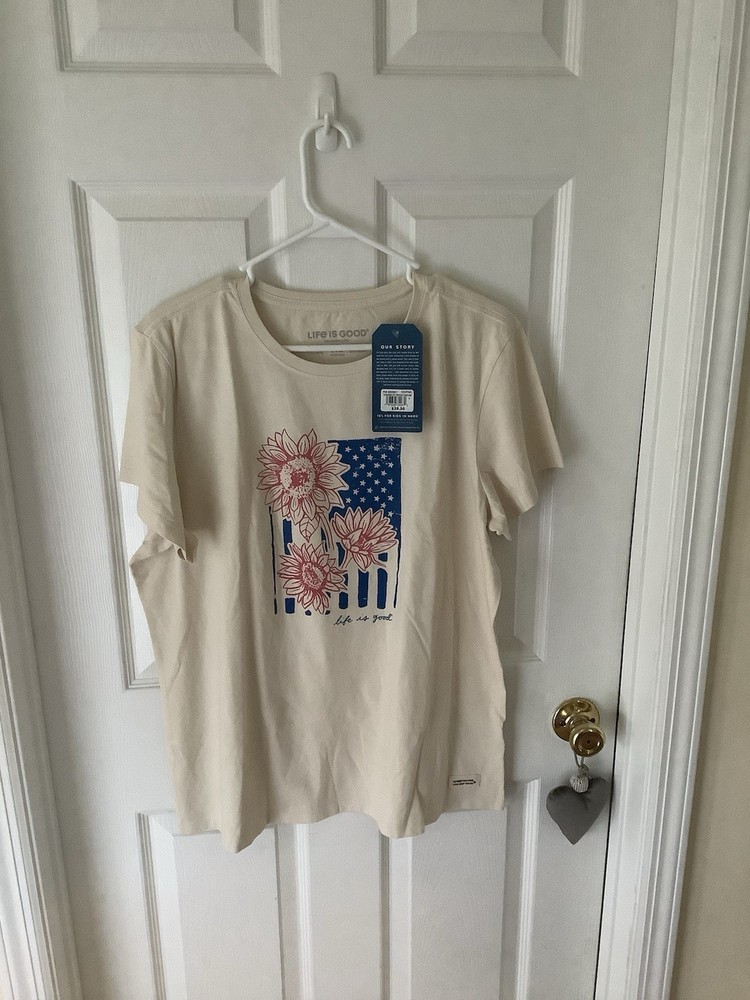 Life is Good Patriotic Sunflower Flag Design Womens Crusher-Lite Sz XL Tee NWT