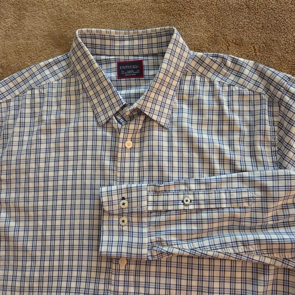 UNTUCKIT Shirt Mens L Blue White Plaid Long Sleeve Button Up Performance Stretch