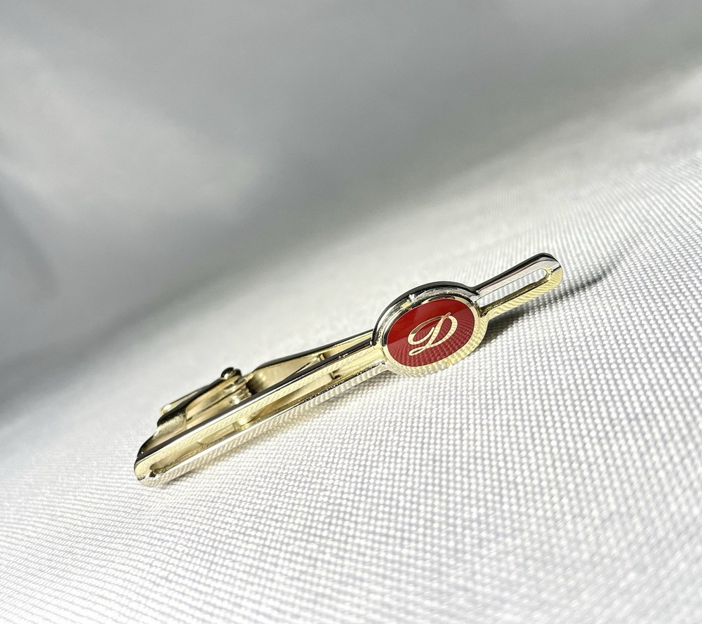 Auth S.T.Dupont Tie Clip D Logo Cutout Gold silver Red Bar pin Business