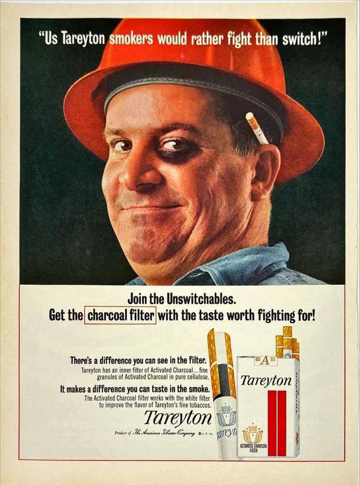 Tareyton Cigarettes Charcoal Filter Man Hard Hat Vintage Print Ad 1964