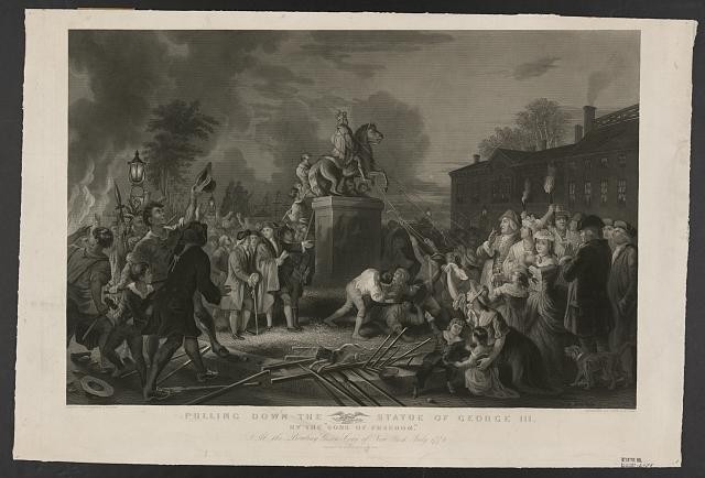 Photo:Pulling down the statue of George III by the Sons of Freedom, at the