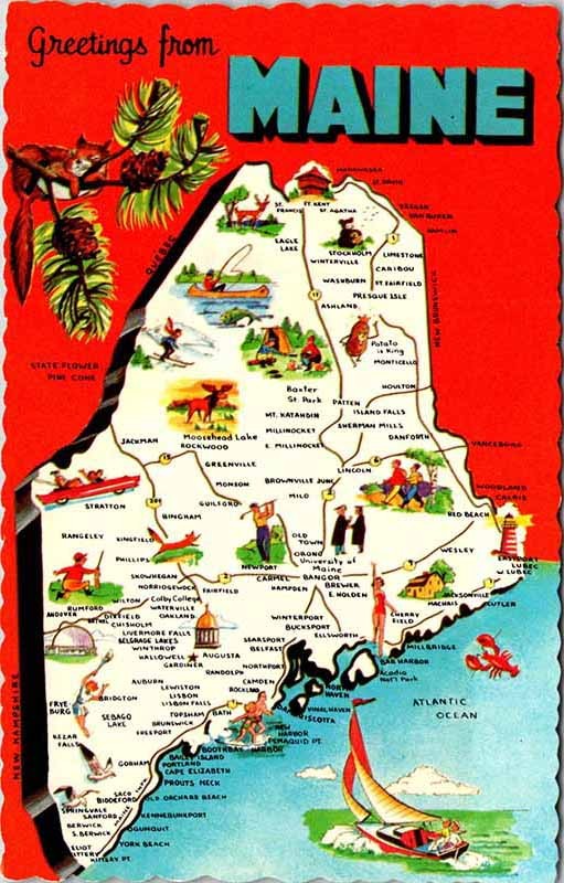 Postcard MAP SCENE State of Maine ME AL4062