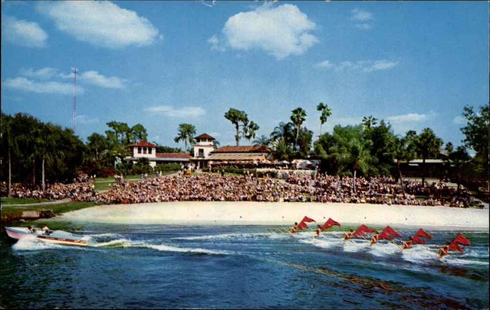 Florida Cypress Gardens water skiing show boat aqua maids ~ 1950-60s postcard