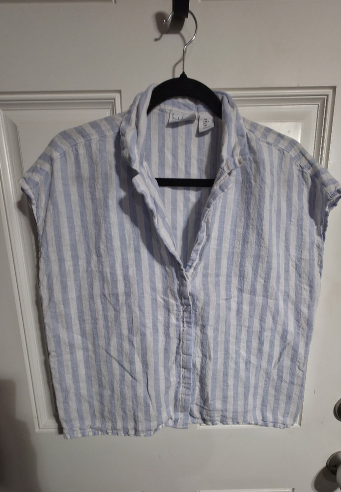 Nicole Miller 100% Linen Striped Collared Button-Up Short Sleeve Top Blue L