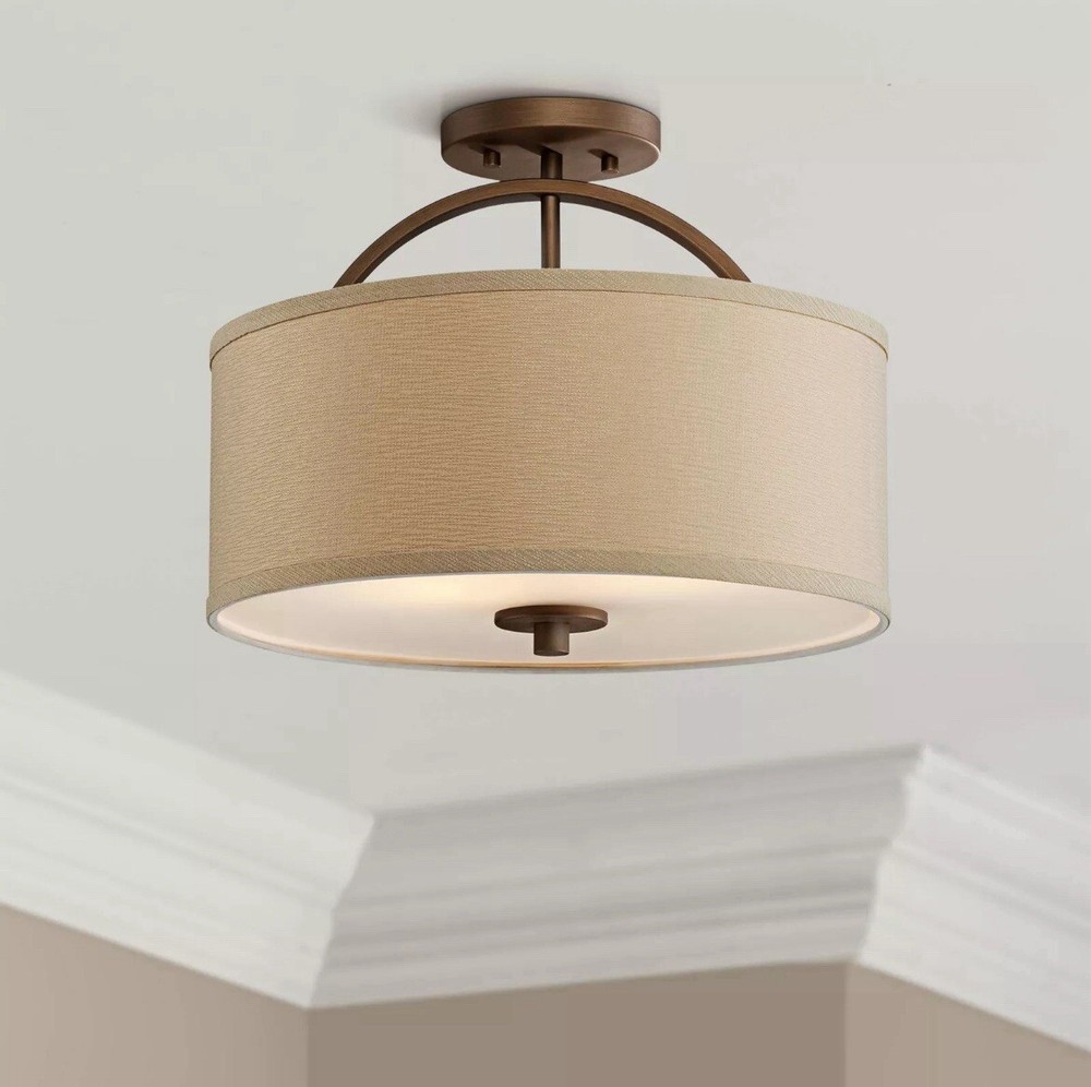 Halsted 15-Inch Bronze Modern Ceiling Light with Oatmeal Shade Semi Flush Mount