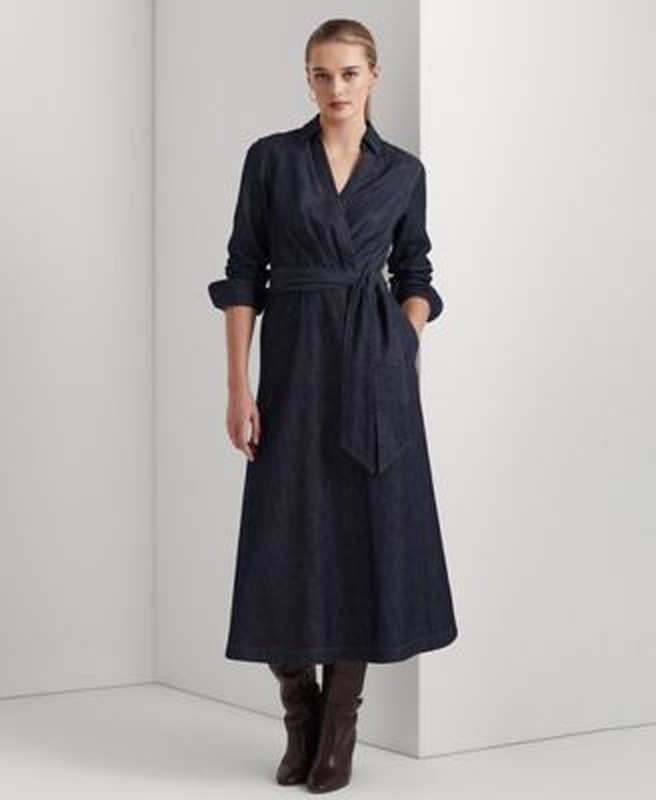 Lauren Ralph Lauren Surplice Georgette Midi Dress Dark Rinse Wash Size 8
