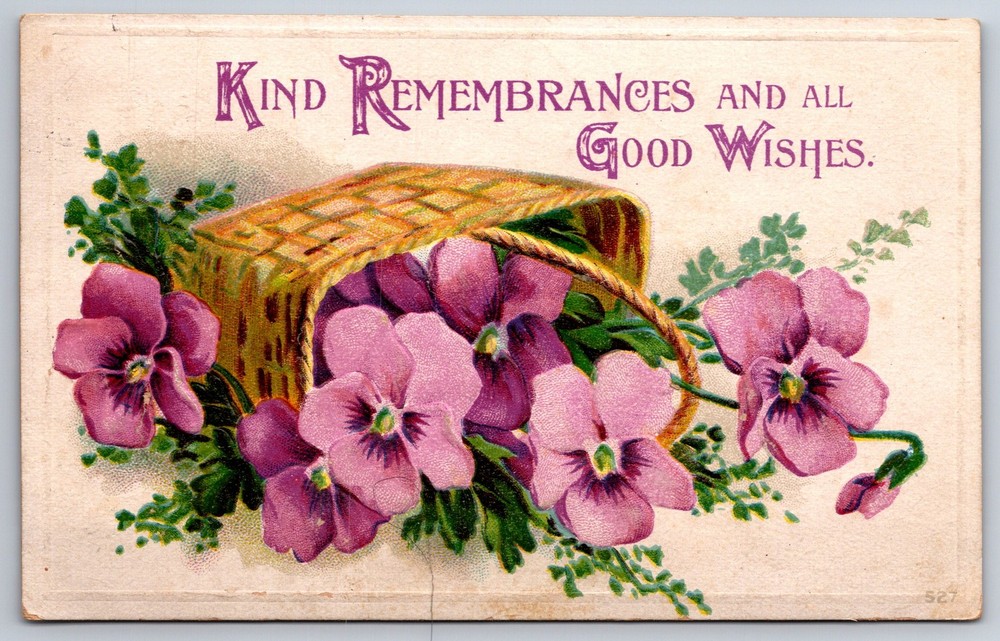 Greetings~Kind Remembrances~Basket Of Purple Pansy Flowers~Emb~1910 Postcard
