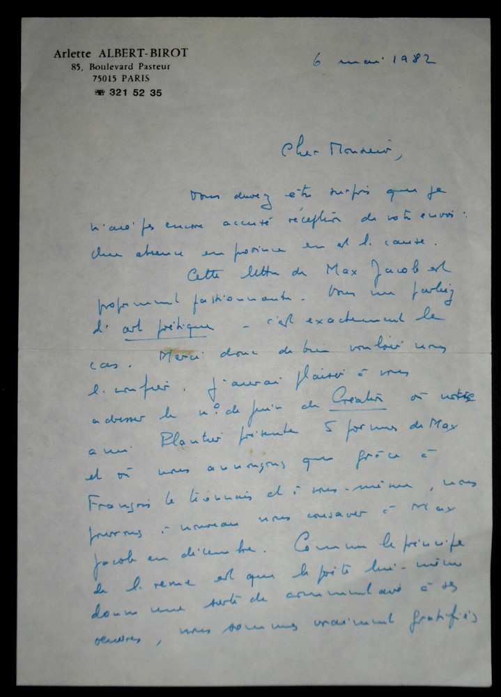 ALBERT-BIROT Arlette - AUTOGRAPH LETTER SIGNED TO ABBE MOREL, PARIS, 1982