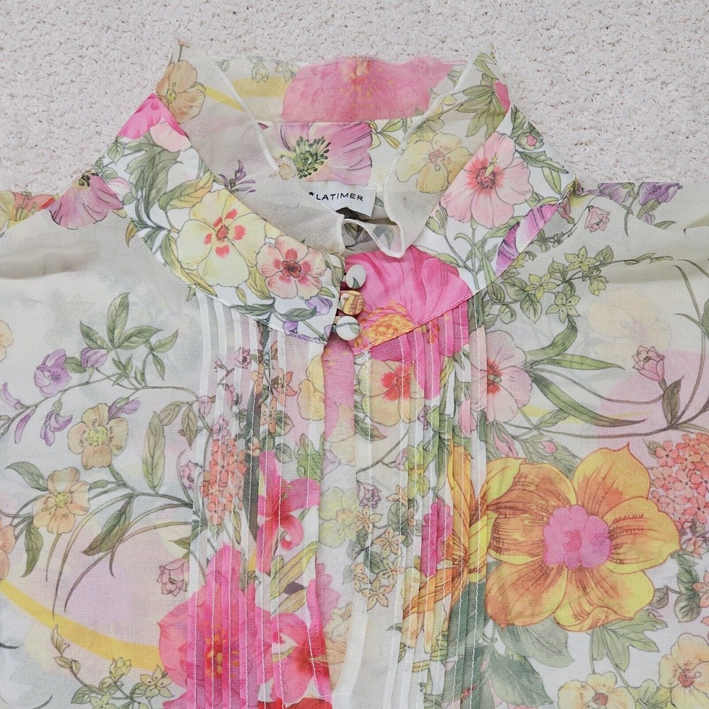 Gibson Latimer Women's Size L Floral Blouse Top White Pink Long Sleeve Romantic