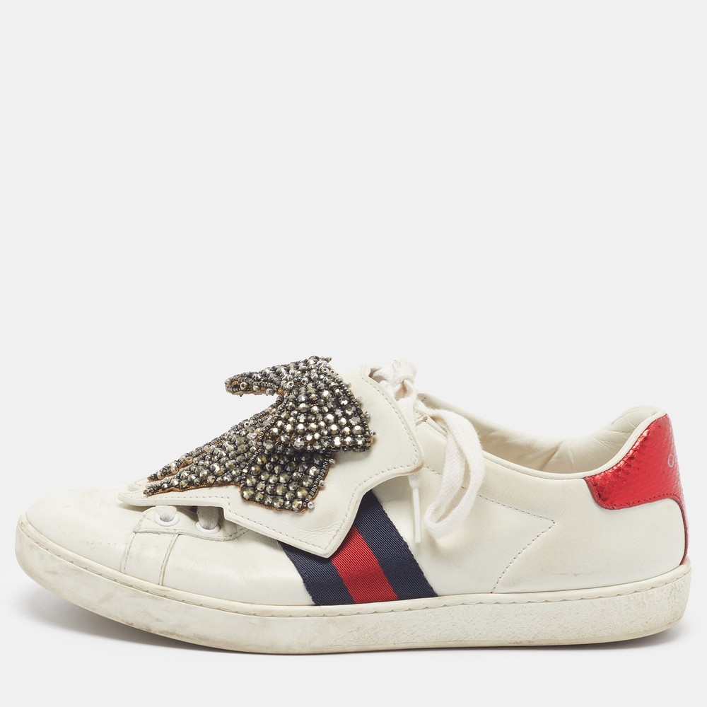 Gucci Ace Size 36.5 White Leather and Python Embossed Crystal Bow Web Low Top