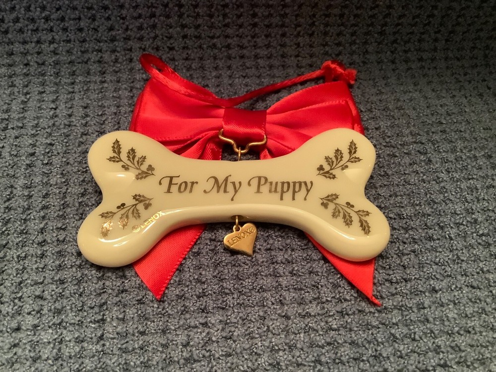 NEW Lenox“For My Puppy” Porcelain DOG BONE ORNAMENT with Red Bow and Gold Heart