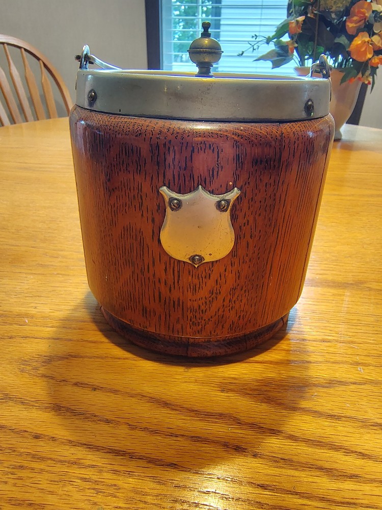 Antique H.C. & C. English Silver Plate and Oak Biscuit Barrel With Lid and Liner
