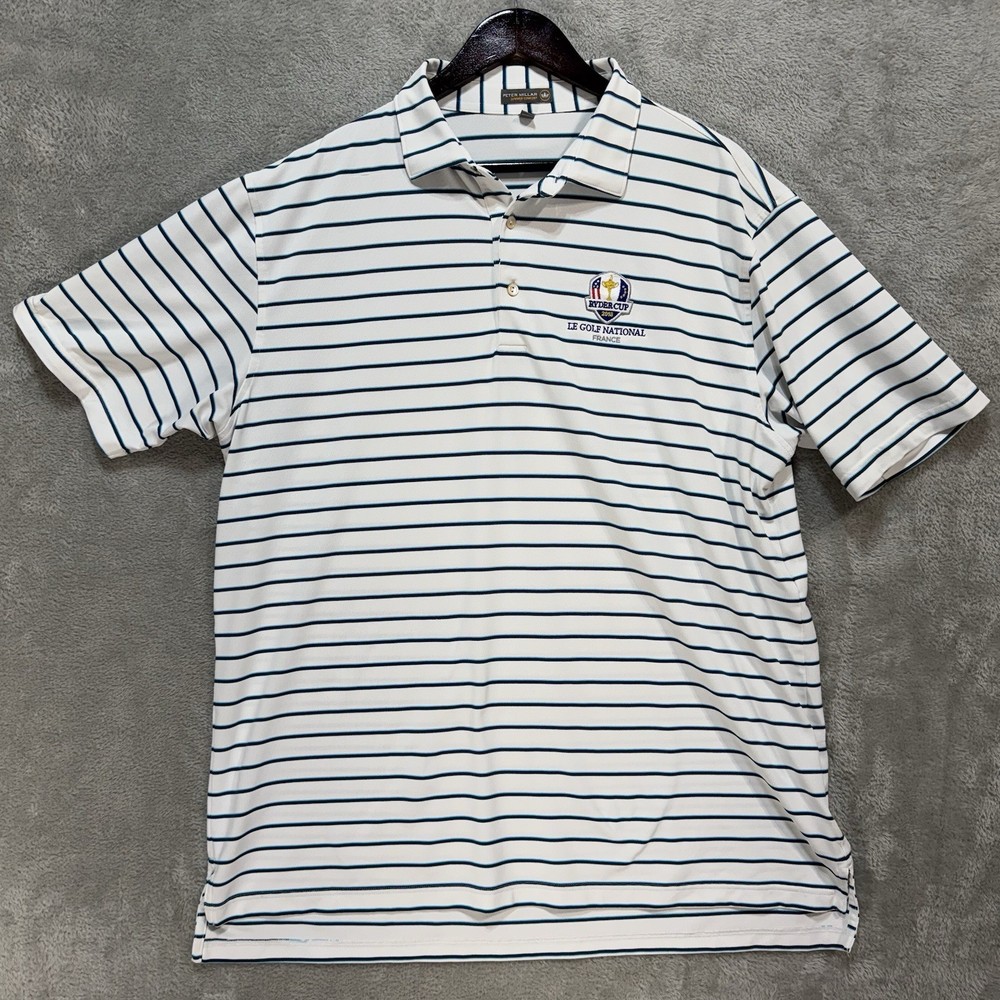 Peter Millar Polo Men’s XL White/Teal Striped Golf Summer Comfort Embroidered