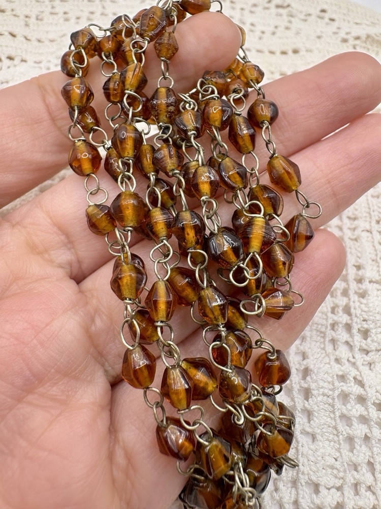 Vintage Czech Amber Lampwork Glass Bead Chain Flapper Necklace 46 Inch