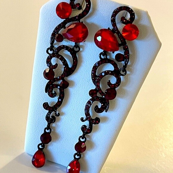 Red Crystal Earrings Prom Earrings Statement Wedding Bridal Long Drop Earrings
