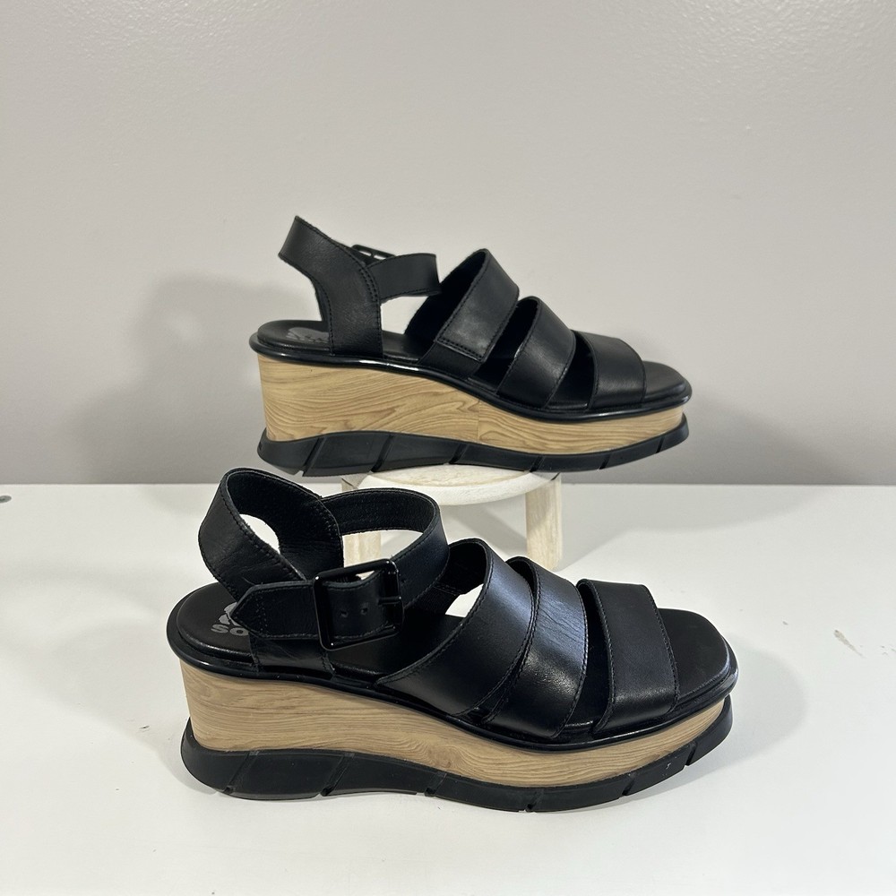 Sorel Joanie III Black Wedge Sandals for Women Size 8.5 Medium NL4675-010