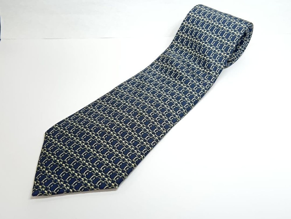 HERMES Necktie Tie Navy 100% Silk All over chain pattern Made in France Men's