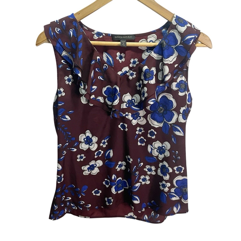 Banana Republic Women's Blouse S Petite Floral Red Blue Sleeveless Ruffle Neck