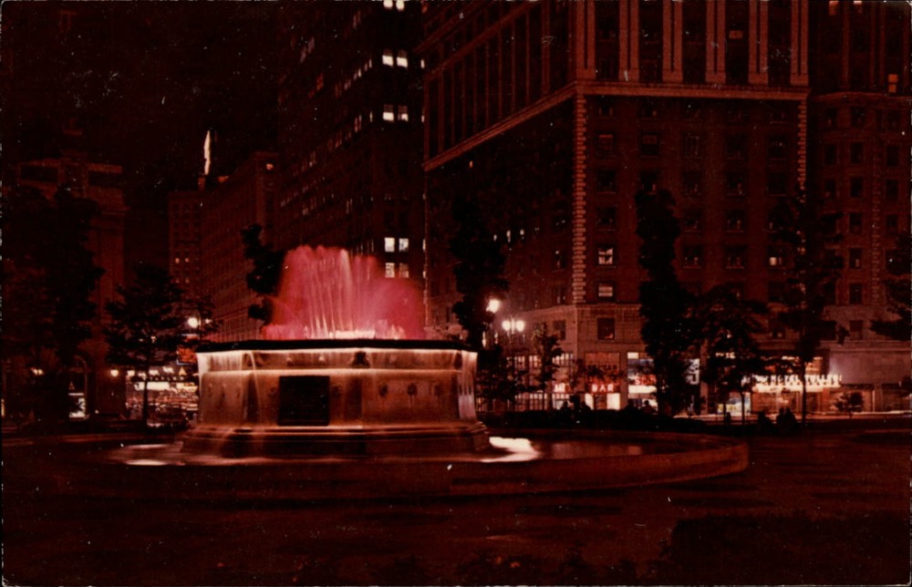Michigan Detroit Grand Circus Park Fountain at night ~ 1970s vintage postcard