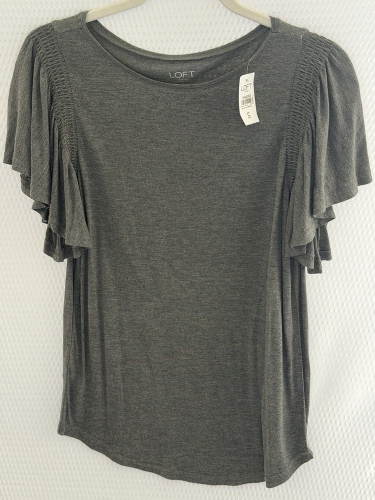 LOFT Gray Scoop Neck Flutter Sleeve Ruffle Knit Top Women Size Small NWT