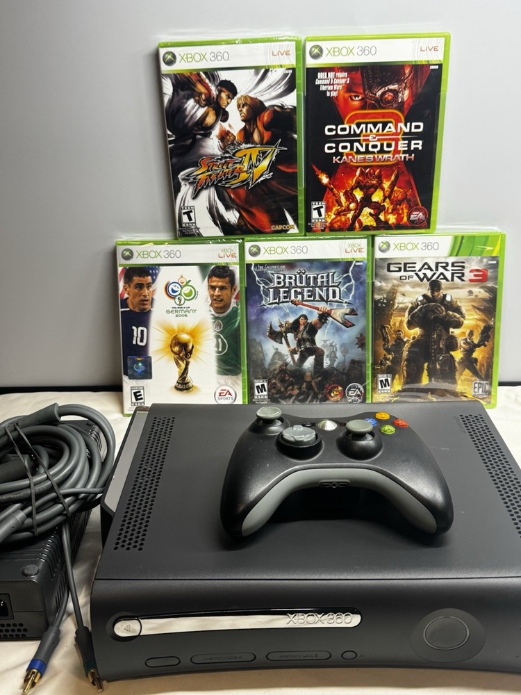 Microsoft Xbox 360 Black Video Game Console Bundle, 5 Sealed Games, Tested