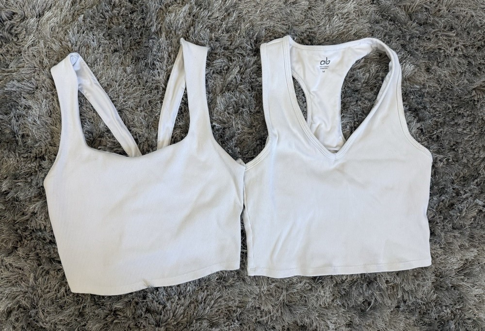 2 Alo Airbrush Real Bra Tank Crop Top Medium  Racerback Yoga Gym Workout White M