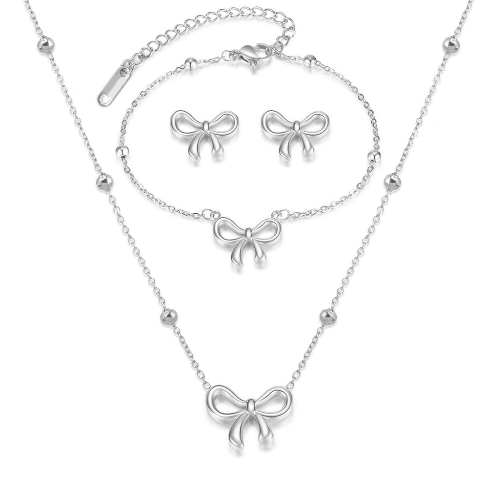 YANCHUN Bow Earrings Necklace Bracelet Gold Jewelry Set Trendy Bowknot Ribbon...