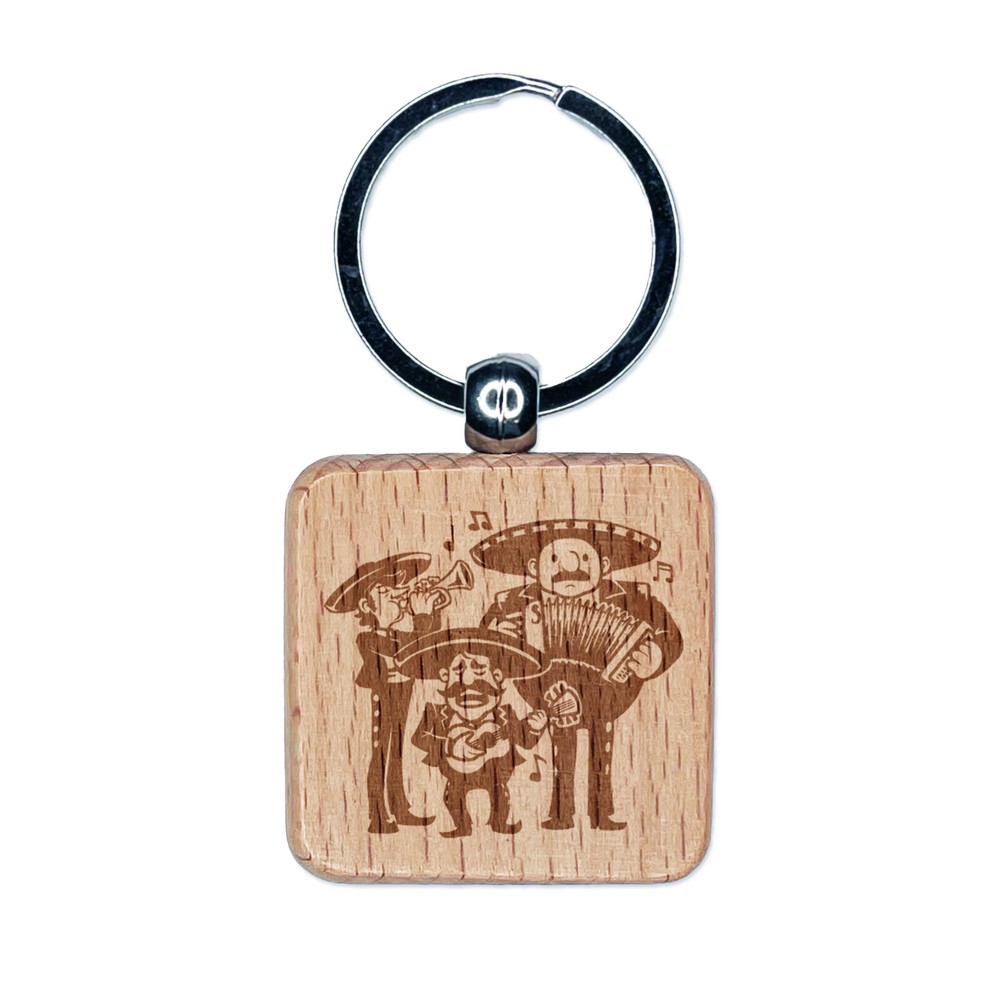 Mariachi Band Mexican Musical Group Engraved Wood Square Keychain Tag Charm